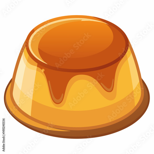 Pancake drizzled with caramel sauce, placed on a white background, highlighting its texture and glossy topping.