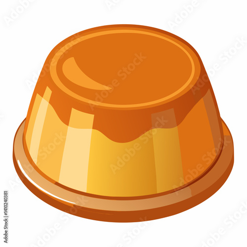 Pancake drizzled with caramel sauce, placed on a white background, highlighting its texture and glossy topping.