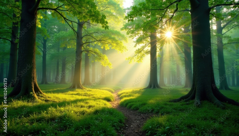 Obraz premium Panorama of a forest with sunbeams filtering through the trees, landscape, forest, sunlight filter