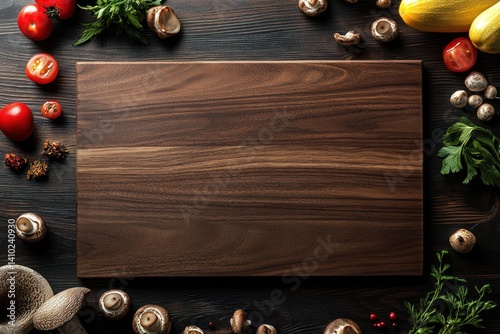 Wooden cutting board surrounded by vegetables and mushrooms on a dark surface.