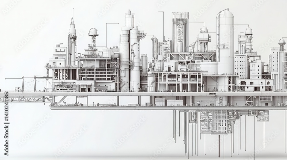 Fototapeta premium Crosssectional technical drawing of a suspended city, showing hanging structures, tension cables, and transportation networks