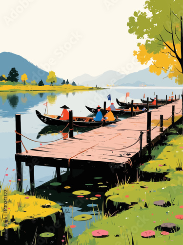 A traditional Korean boat dock (naru) prominently featuring a large wooden deck instead of stone