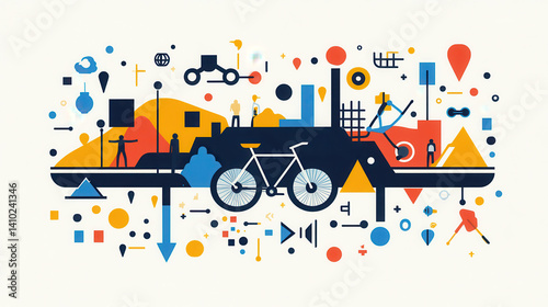 Abstract Urban Cityscape with Bicycle Illustration, Geometric Shapes and Vibrant Colors