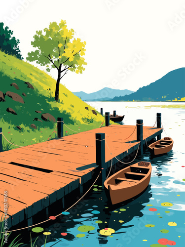 A traditional Korean boat dock (naru) prominently featuring a large wooden deck instead of stone