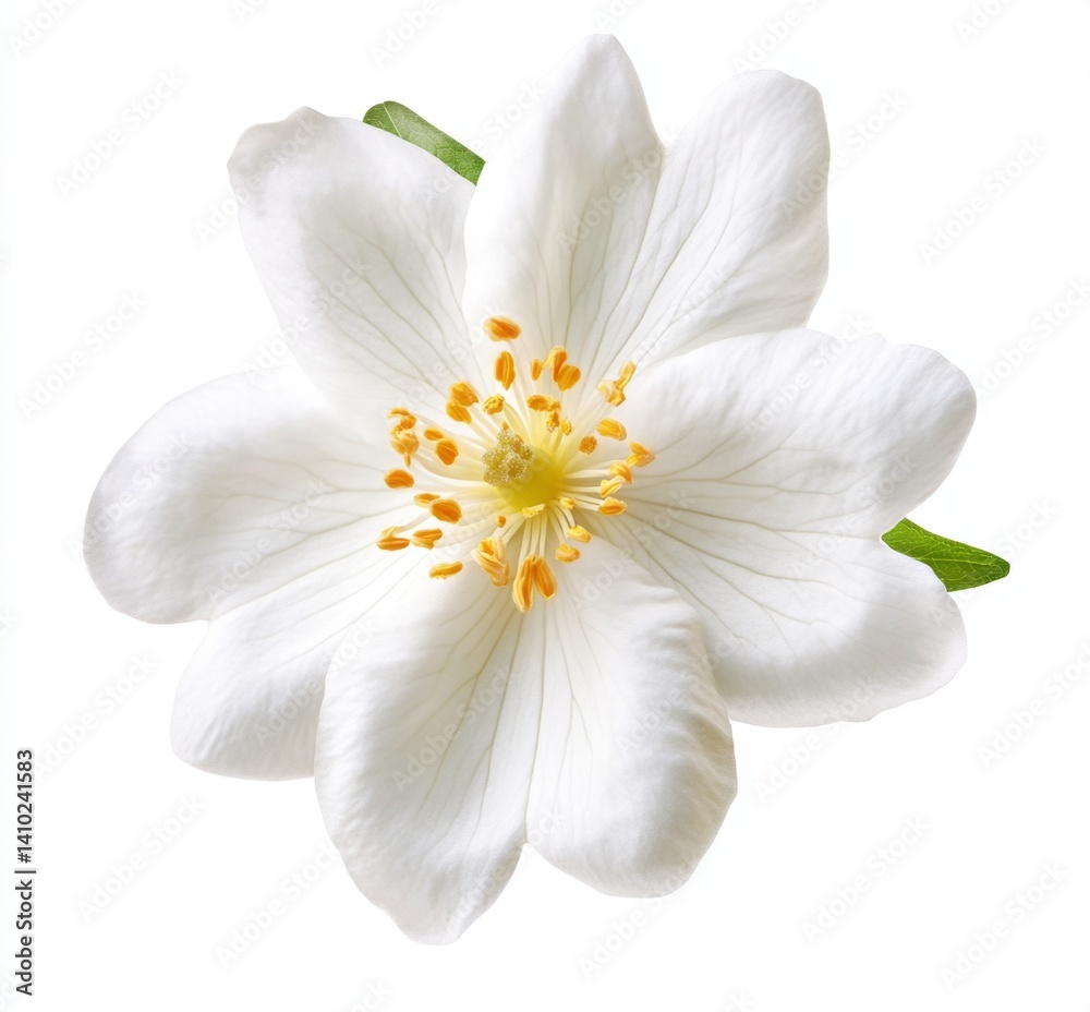 Fototapeta premium Single white flower, close-up, isolated. Delicate petals, vibrant yellow center
