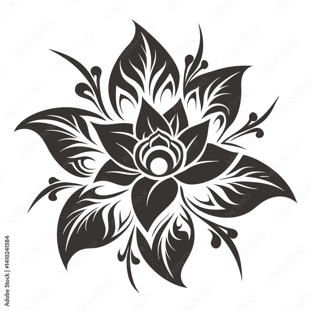 Intricate Ornamental Lotus Flower Design with Stylized Petals and Swirling Accents - Tattoo or Decorative Motif
Intricate Ornamental Lotus Flower Design with Stylized Petals and Swirling Accents - Tattoo or Decorative Motif