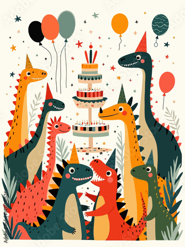 bright, colorful cartoon birthday party poster featuring 16 fun dinosaurs Tyrannosaurus Rex, Triceratops, Stegosaurus, Velociraptor, Brachiosaurus, Spinosaurus, Ankylosaurus, Pteranodon