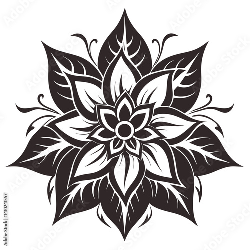Intricate Ornamental Lotus Flower Design with Stylized Petals and Swirling Accents - Tattoo or Decorative Motif

