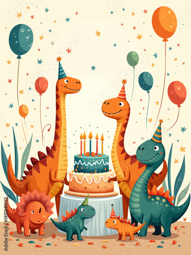  bright, colorful cartoon birthday party poster featuring 16 fun dinosaurs Tyrannosaurus Rex, Triceratops, Stegosaurus, Velociraptor, Brachiosaurus, Spinosaurus, Ankylosaurus, Pteranodon