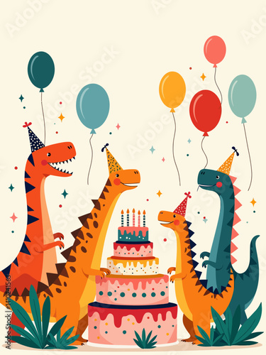  bright, colorful cartoon birthday party poster featuring 16 fun dinosaurs Tyrannosaurus Rex, Triceratops, Stegosaurus, Velociraptor, Brachiosaurus, Spinosaurus, Ankylosaurus, Pteranodon