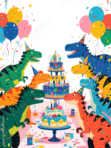  bright, colorful cartoon birthday party poster featuring 16 fun dinosaurs Tyrannosaurus Rex, Triceratops, Stegosaurus, Velociraptor, Brachiosaurus, Spinosaurus, Ankylosaurus, Pteranodon