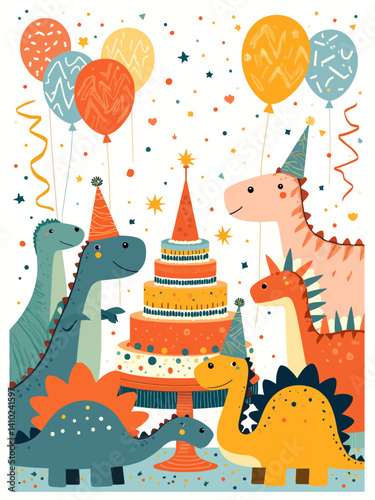  bright, colorful cartoon birthday party poster featuring 16 fun dinosaurs Tyrannosaurus Rex, Triceratops, Stegosaurus, Velociraptor, Brachiosaurus, Spinosaurus, Ankylosaurus, Pteranodon