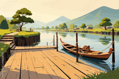  A traditional Korean boat dock (naru) prominently featuring a large wooden deck instead of stone 