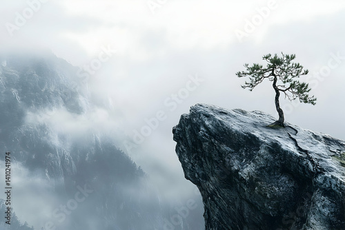 Solitary pine tree atop a craggy mountain peak, shrouded in mist. photo