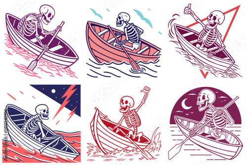 A collection of six illustrations depicts skeletons merrily rowing boats on water under diverse skies, showcasing various nautical scenes.