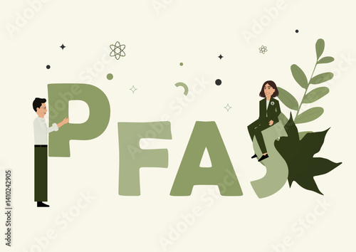 PFA Concept with Business Characters. business professionals interacting with PFA letters, featuring decorative elements and a contemporary flat design style. PFAS concept. Vector illustration