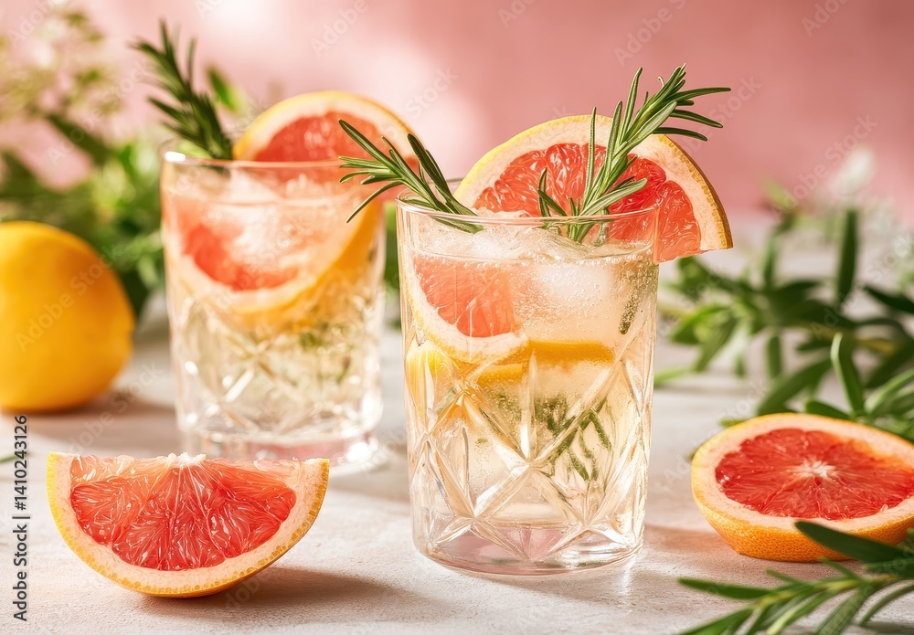 Fototapeta premium Refreshing Citrus Mocktail in Clear Glasses with Grapefruit and Lemon Garnish Surrounded by Fresh Herbs and Fruits on a Soft Pink Background