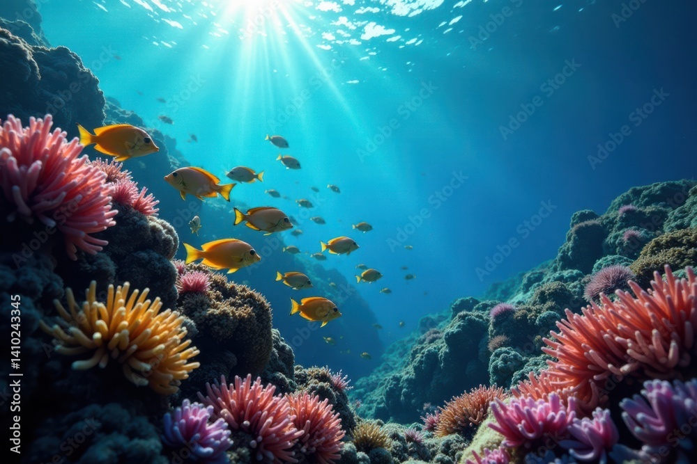 Fototapeta premium School of colorful fish swimming in coral reef, school, marine life