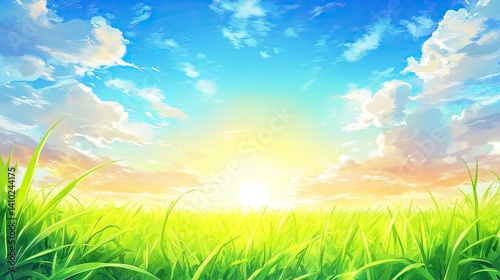 Vibrant sunrise over a lush green meadow.