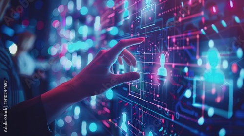 A hand is pointing at a screen with a lot of people on it