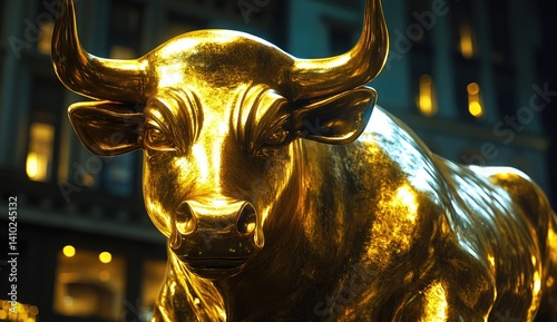 Gilded bull statue, powerful symbol of Wall Street's financial strength, glows in urban setting photo