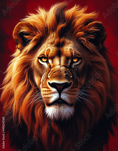 Realistic Majestic Lion Portrait with Dramatic Red Background