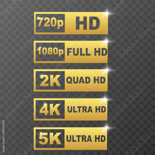 Video quality symbol. 720p 1080p 2k 4k 5k Ultra HD high definition gold color on black background. Vector illustration