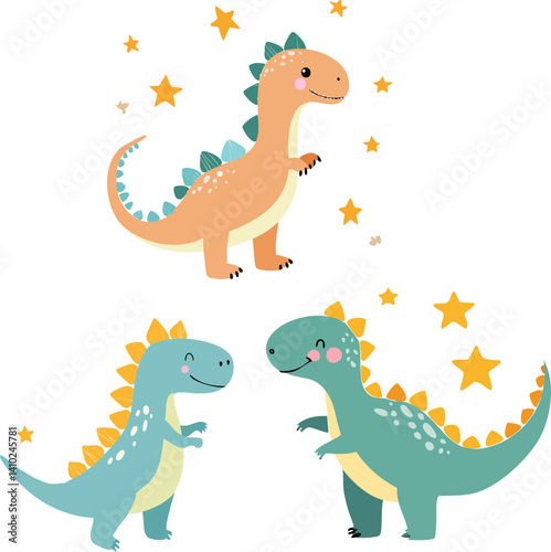 Set of cute dinosaurs and stars, cartoon, for baby announcement, invitations, children's book, stickers