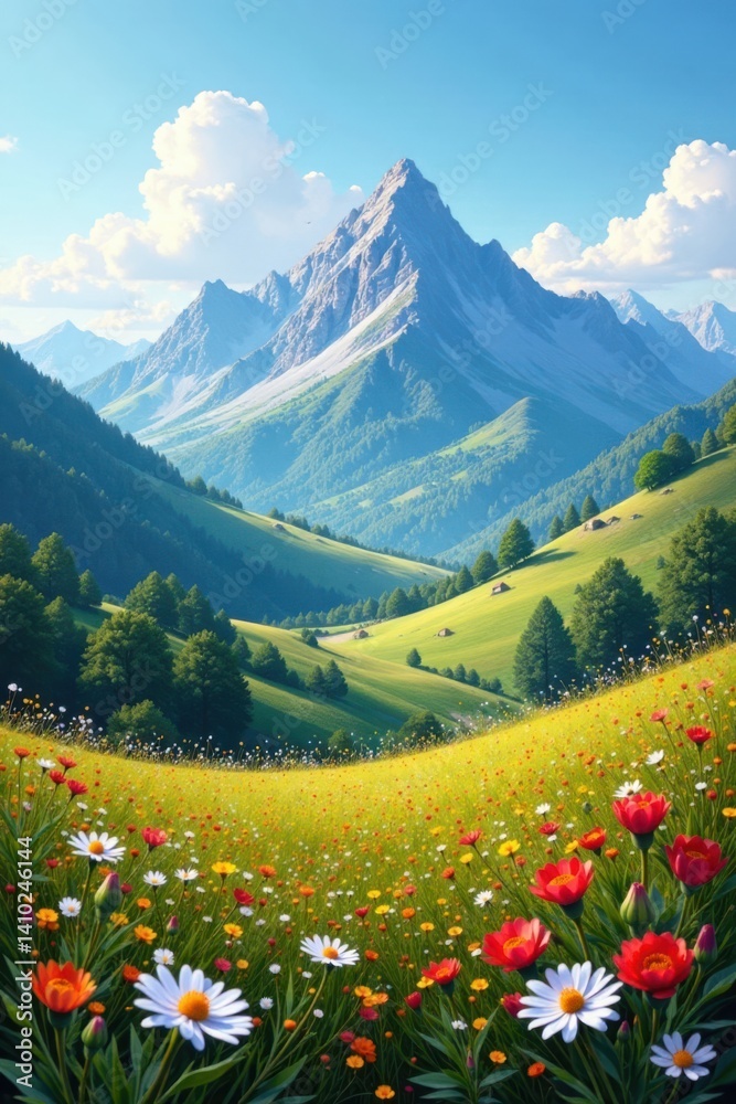Fototapeta premium Mountain range landscape with rolling hills and wildflowers, mountains, landscape