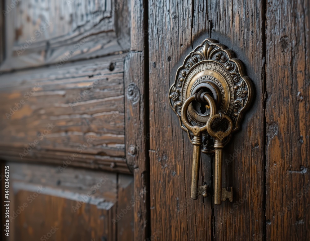 Fototapeta premium A close-up view of a weathered wooden door, showcasing its rich texture and intricate grain patterns. A set of vintage keys hangs nearby, adding charm and a sense of history.