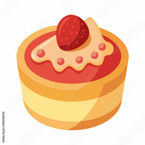 A round cake topped with a fresh strawberry, showcasing a smooth frosting and a simple, elegant design.