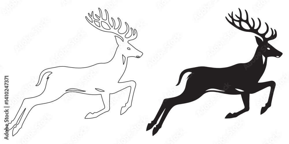Fototapeta premium Wild deer silhouette in motion – detailed vector for nature, wildlife, and sports – deer silhouette – deer vector – deer illustration – deer outline – deer icon – deer line art