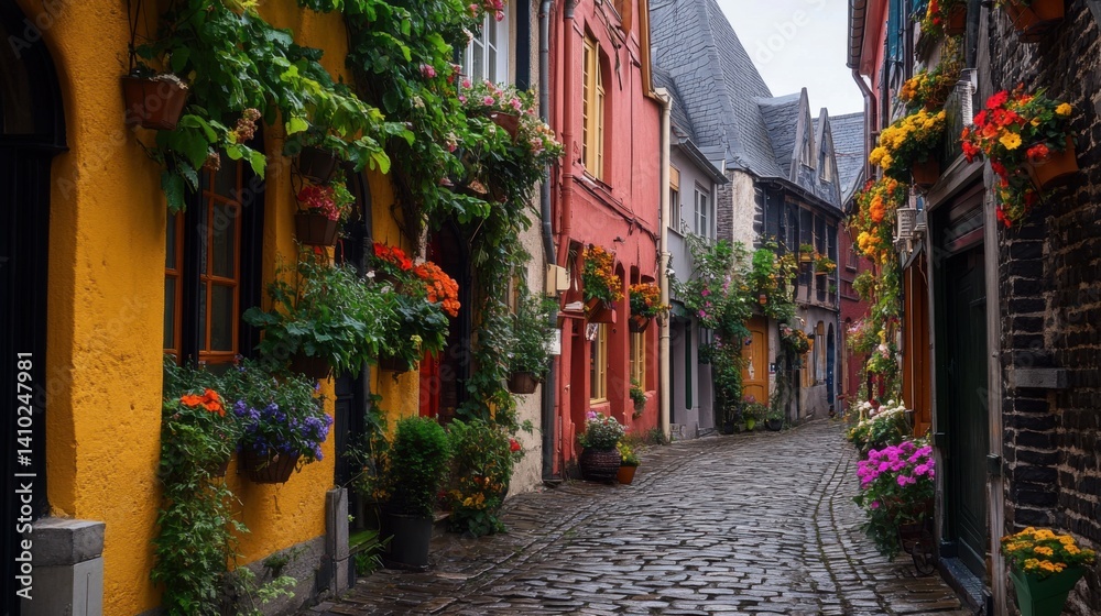 Fototapeta premium A picturesque village with cobblestone streets, blooming flower boxes, and a peaceful atmosphere 