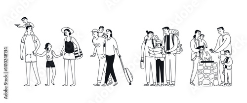 Doodle set family on vacation, different locations. People together, parents and children on the beach, on a trip, on a hike, by the fire. Vector illustration