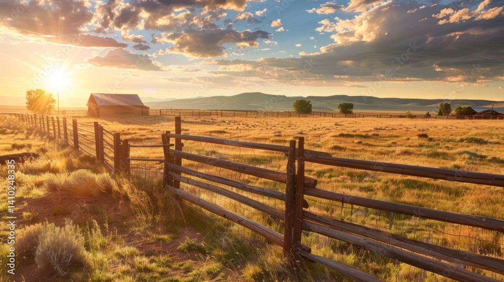 A rural landscape with a fence and a tree. The sky is blue and the mountains are in the background A rural landscape with a fence and a tree. The sky is blue and the mountains are in the background