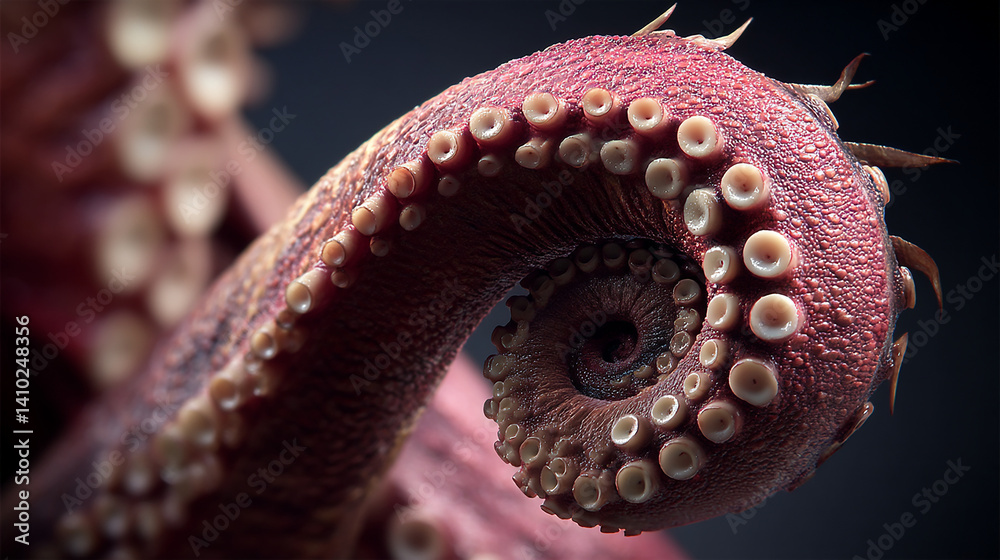 Fototapeta premium Octopus tentacle curled sucker texture visible raw