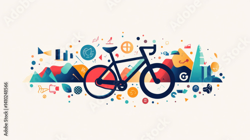 Colorful Geometric Bicycle Illustration with City and Mountain Background