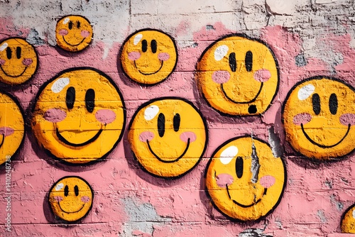 Bright graffiti art featuring happy yellow smiley faces with blushing cheeks on a textured pink wall, evoking retro pop vibes with playful and colorful design.
