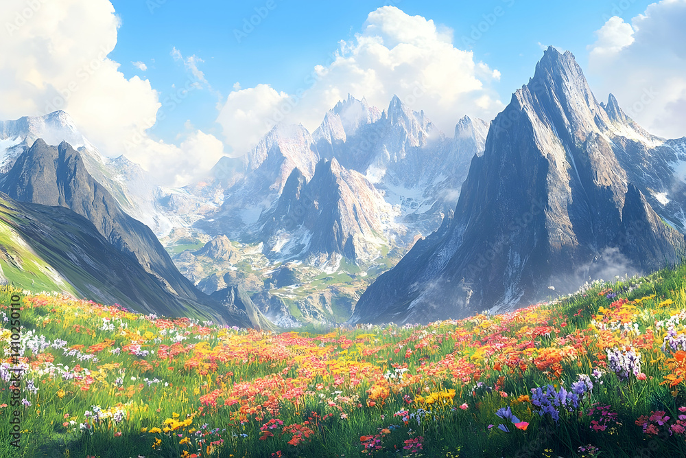 Fototapeta premium Vast alpine meadow stretches beneath towering mountain peaks.