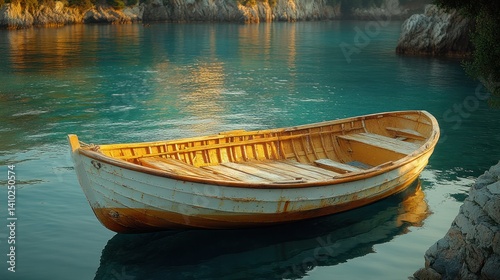 Wooden rowboat in tranquil water