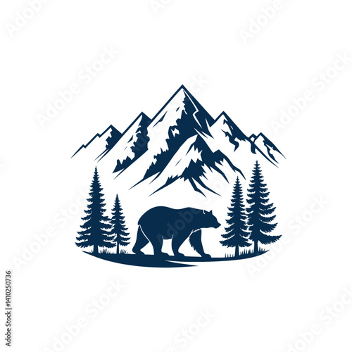 bear and mountains silhouette logo vector line art logo design