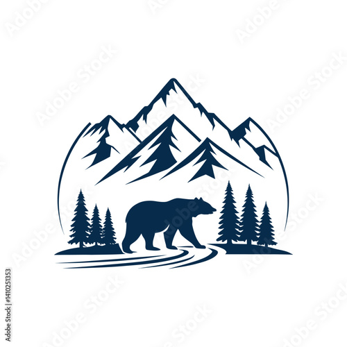 bear and mountains silhouette logo vector line art logo design