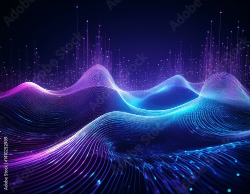 big data visualization the musical stream of sounds abstract background with interweaving of dots and lines blue and purple technology speed internet background
