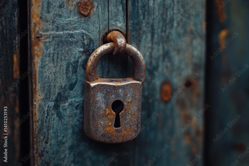 Old rusted padlock securing a weathered wooden door in the afternoon light Old rusted padlock securing a weathered wooden door in the afternoon light