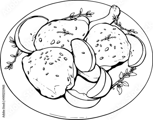 Roasted Chicken with Apple Slices and Thyme Garnish on a Plate