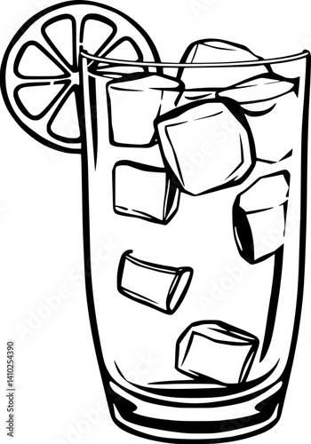 Iced Beverage Illustration Refreshing Drink with Lemon and Ice Cubes in Tall Glass