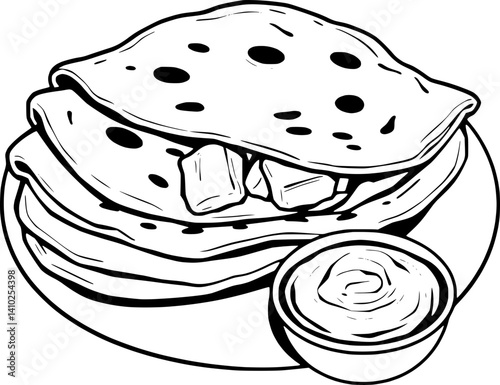 Delicious Stacked Flatbread with Savory Filling and Dipping Sauce