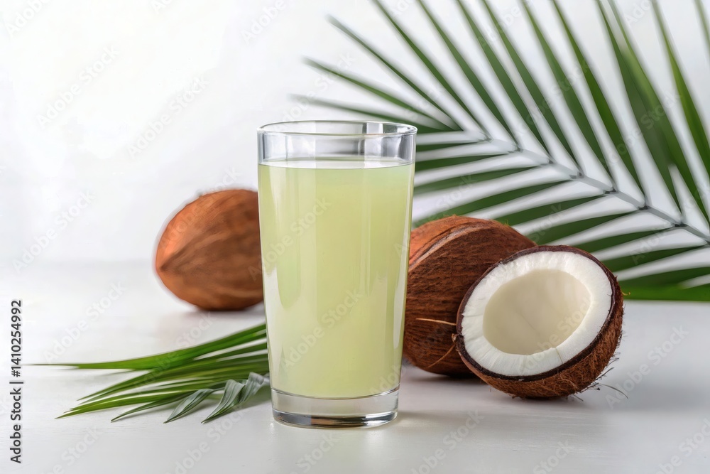 Glass of Coconut Water with Coconut Shell and Leaf – Healthy Hydration Concept Glass of Coconut Water with Coconut Shell and Leaf – Healthy Hydration Concept
