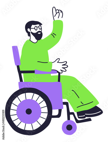 Illustration of a bearded man in a wheelchair raising his hand, symbolizing empowerment and inclusion.