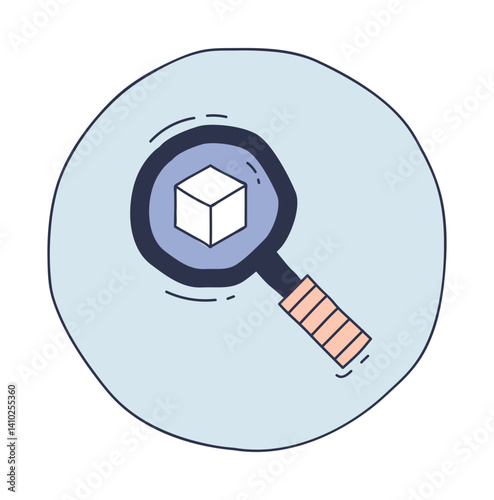 Magnifying glass over a cube, symbolizing product inspection and analysis.